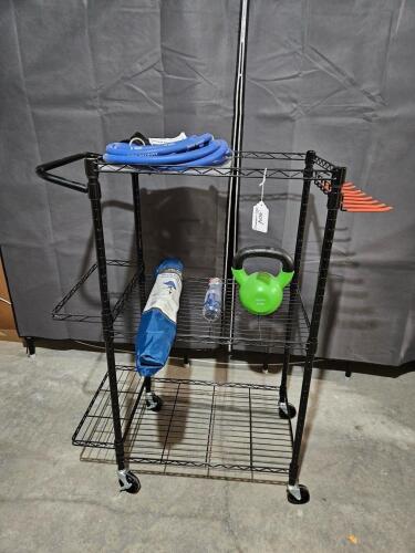 Black Metal Rolling Home Gym Storage Rack with Exercise Accessories