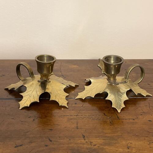 Pair of Brass Leaf-Shaped Candle Holders with Handle Rings