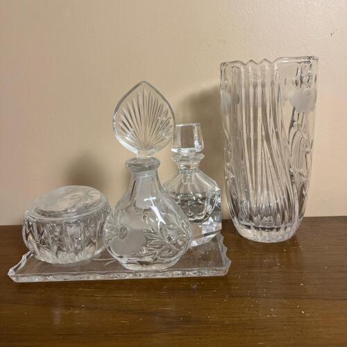 Vintage 5-Piece Cut Crystal Vanity Set with Tray, Perfume Bottles, Powder Jar & Vase