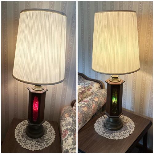 Pair of 39" Vintage Table Lamp with Red and Green Textured Glass Panel Accents