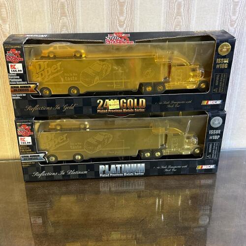 Pair of Racing Champions NASCAR Dr Pepper 1:64 Gold and Platinum Plated Transporter Sets