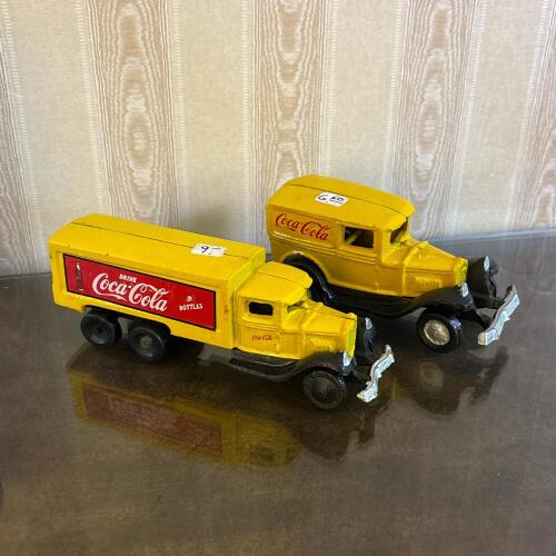 Pair of Vintage Die-Cast Coca-Cola Yellow Delivery Trucks