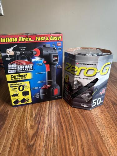 Air Hawk Max Cordless Tire Inflator and Kit & Teknor Apex Zero-G Hose