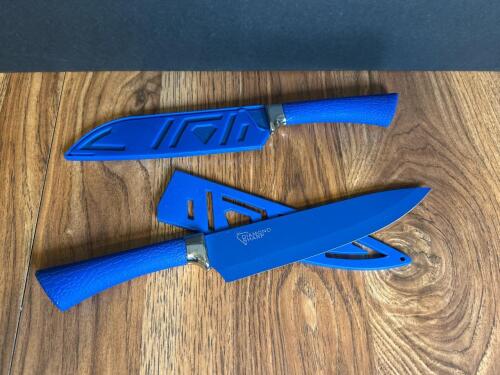 Set of 2 Diamond Sharp 7" Chef Knives with Blue Non-Stick Coating & Sheath