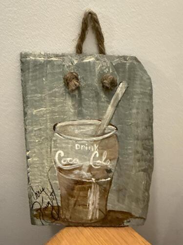 Hand-Painted Slate Plaque Featuring Vintage Coca-Cola Glass