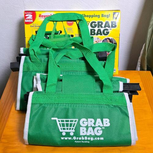 Grab Bag Reusable Clip-to-Cart Shopping Bags, Set of 2, Green, Holds Up to 40 lbs