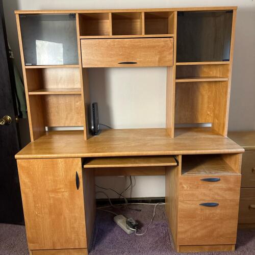 Large Wooden Computer Desk with Hutch, Cabinets, & Multiple Drawers