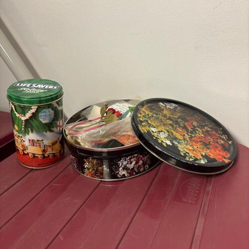 Vintage Life Savers Holiday Tin & Floral Tin with Craft Supplies