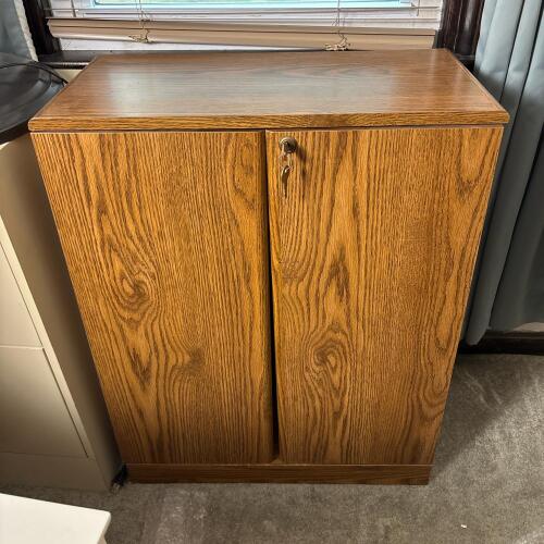Locking Oak Laminate Storage Cabinet with Candle Lot