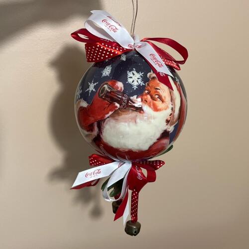 Holiday Coca-Cola Santa Christmas Ball Ornament Collectible with Ribbons and Bells