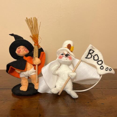 Collectible Vintage 1981 & 1997 Annalee Halloween Witch And Ghost Boo Flag Miniture Dolls