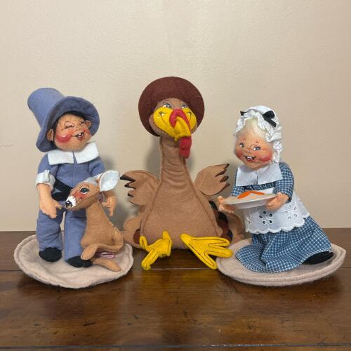 Collectible Vintage Annalee Thanksgiving Pilgrim Dolls & Turkey Trio
