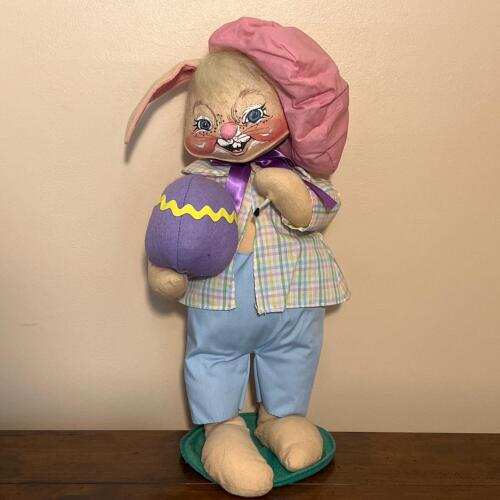 Vintage Annalee Easter Bunny Doll w/ Pastel Plaid Shirt & Purple Egg