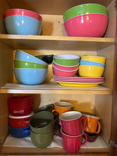 Assorted Multicolored Stoneware Mugs and Plastic Bowls