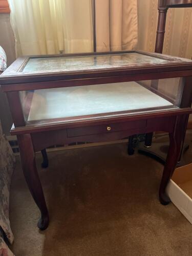 Cherry-Finish Glass Top Display Case Table with Felt-Lined Drawer, 1 of 2