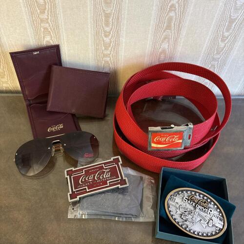 Vintage Coca-Cola Branded Memorabilia Accessory Lot - Sunglasses, Belts, Wallets, Buckles