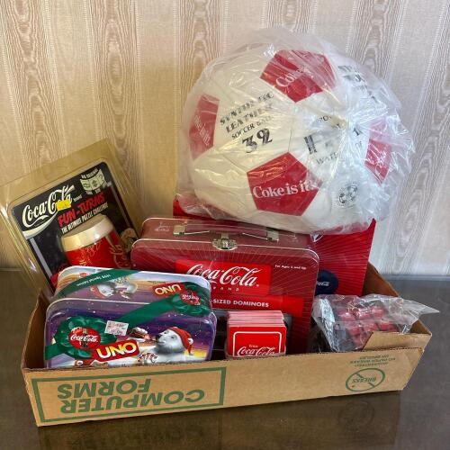 Coca-Cola Collectible Games Lot: Poker Set, Dominoes, UNO 1998, Rummy, Fun-Turns, Soccer Ball