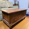 Wooden Storage Chest Coffee Table, 43.5" x 19.5" x 20.5", Hinged Top, 2 Drawers, Brown