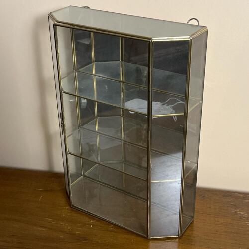 Vintage Brass and Glass Wall-Mounted Curio Cabinet with Mirrored Back