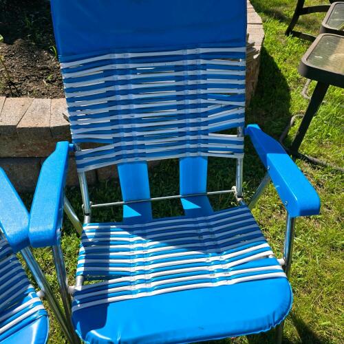 Vintage Aluminum Webbed Folding Lawn Chair, Blue/White, 34.5"x22"
