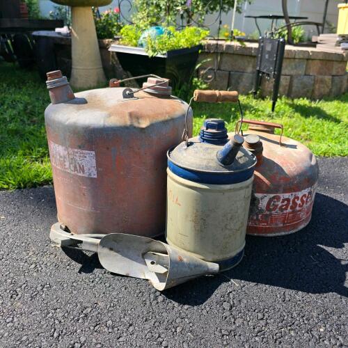 Vintage Metal Fuel and Oil Cans with Funnel &ndash; Mid-20th Century