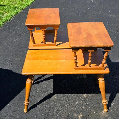 Pair of 1950s-60s Mid-Century Two-Tier Wooden End Tables, 27.5"x16"x22.5", Spindle Design