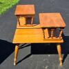 Pair of 1950s-60s Mid-Century Two-Tier Wooden End Tables, 27.5"x16"x22.5", Spindle Design