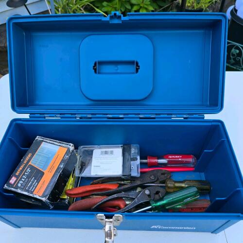 Blue Portable Toolbox with Husky Screwdriver, Pliers, Snips & Nails