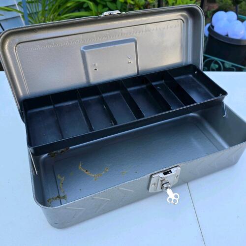 Hamilton-Skotch Metal Cash Box with Key, 15" Steel, Gray, Vintage USA, 7-Compartment Tray