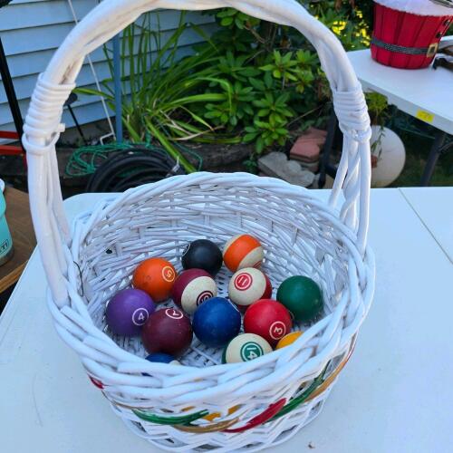 Partial Set Standard Pool Balls, 2.25" Diameter, 14 Balls, Includes Wicker Basket
