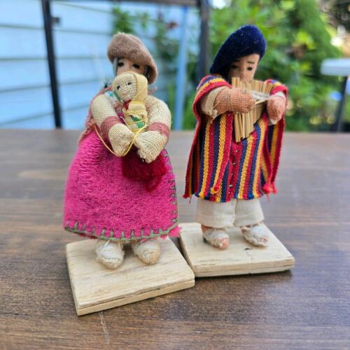 Handcrafted Ecuadorian Folk Art Dolls Pair &ndash; Woman with Child & Man with Pan Flute, 5-6 in Tall
