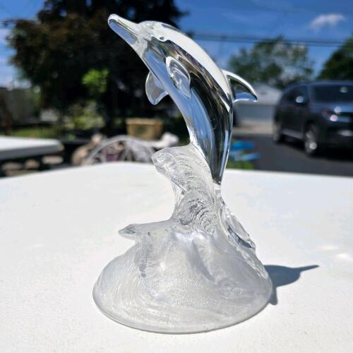 Clear Glass Dolphin Figurine, 8 in Tall, Leaping Over Wave, Decorative Art Sculpture