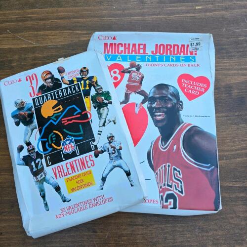 Vintage Cleo Michael Jordan & NFL Quarterback Valentine Card Packs w/ Bonus Cards, Original Boxes