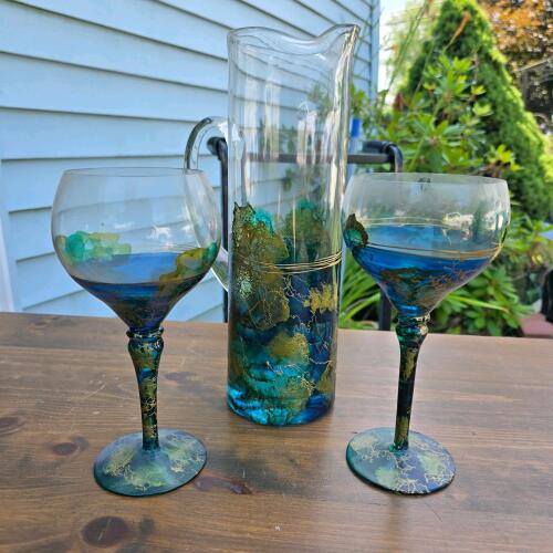 Hand-Painted Blue Green Gold Glass Pitcher & Wine Glass Set, Abstract Design - 3 Piece