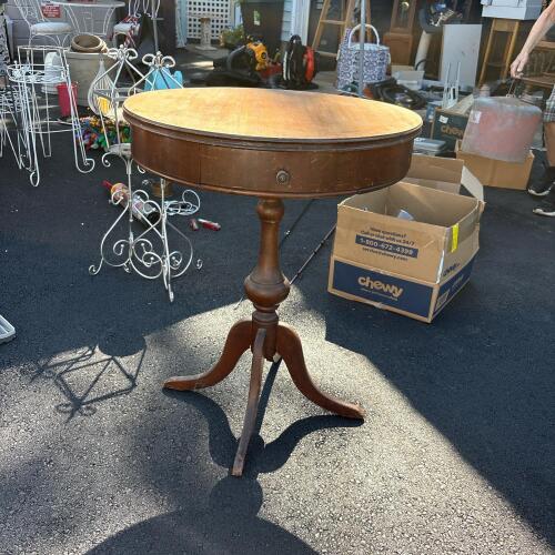 Vintage Round Pedestal Side Table with Drawer