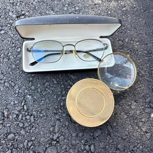 Vintage Brass-Tone Folding Magnifying Glass and Aristar Eyeglasses with Case