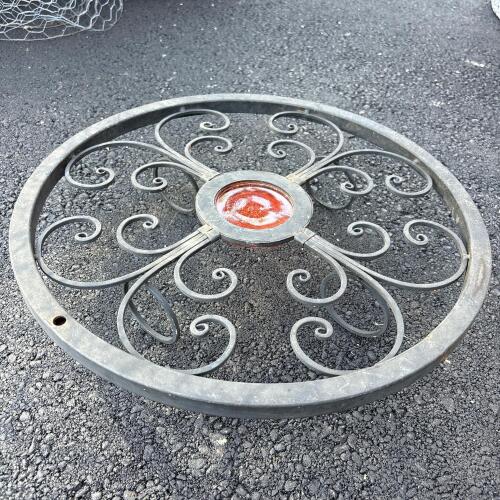 Decorative Wrought Iron Plant Stand with Red Center Medallion