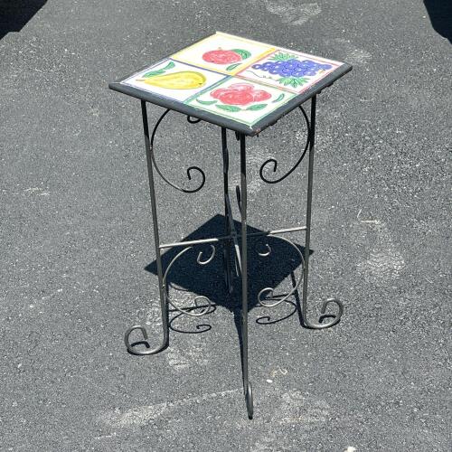 Decorative Metal Plant Stand with Hand-Painted Ceramic Tile Top