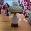 Swirled Milk Glass Hurricane Table Lamp with Ornate Cast Metal Base