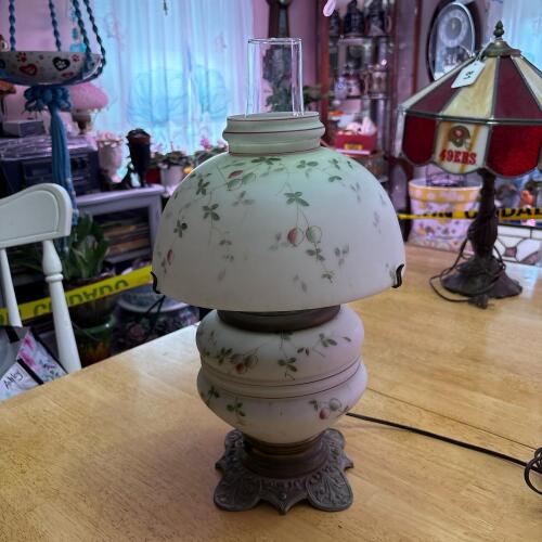 Vintage Frosted Glass Hurricane Table Lamp - Floral Berry Motif