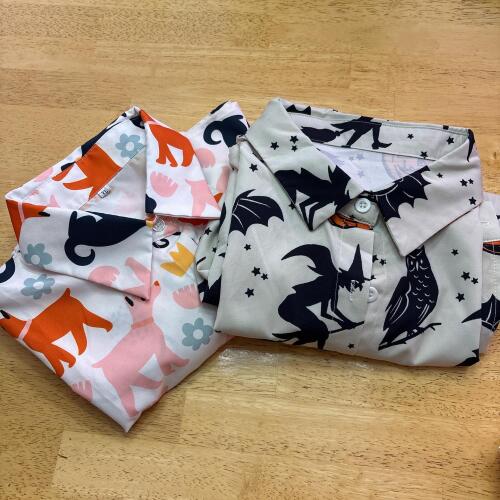 Pair of Women's XL Novelty Button-Up Shirts - Dog and Halloween Prints