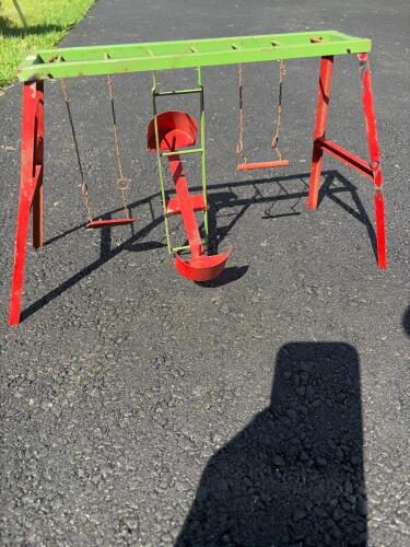 Miniature Vintage Metal Toy Playground Set with Swings and Seesaw