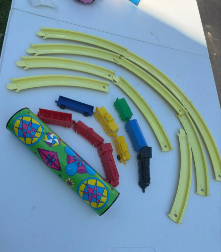 Vintage Plastic Toy Train Set with Cars, Curved Tracks and Geometric Kaleidoscope