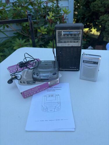 Mixed 3 Radios: Clock Radio, GE AM/FM/Weather and Silver Pocket Radio