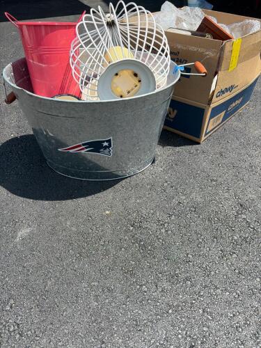 Mixed Household Lot with Glassware with Metal Bucket