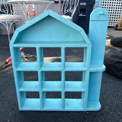 Blue Barn-Shaped Wooden Display Shelf