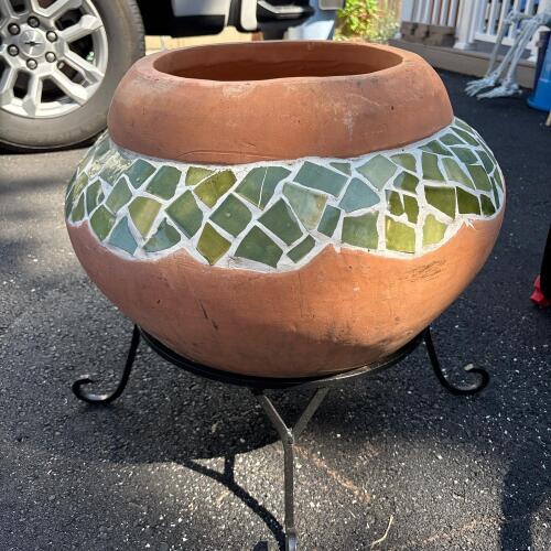 Large Terracotta Planter with Green Mosaic Tile Band and Metal Stand