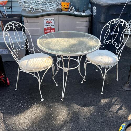 White Wrought Iron Glass Top Bistro Table & Chairs