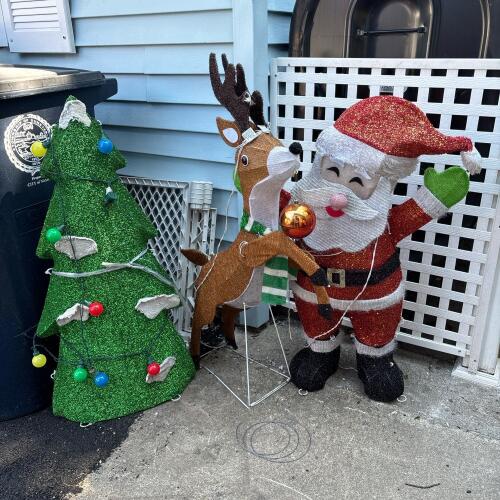 Outdoor Lighted Christmas Decor: Santa Claus, Reindeer, and Christmas Tree