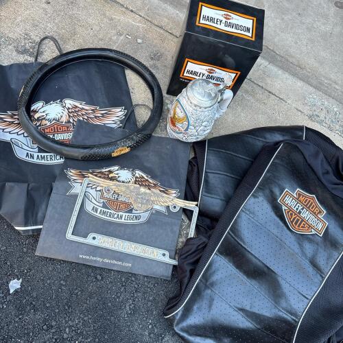 Harley-Davidson Lot: Collector Stein, License Plate Frame, Seat Covers, & Steering Wheel Cover